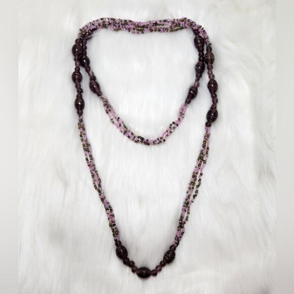 Plum 24” Glass Bead Necklace Vintage Long Layering Jewelry - Picture 3 of 5